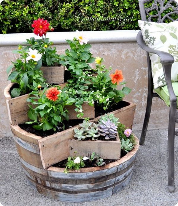 DIY Recycled Wine Barrel Planter. See the tutorial 