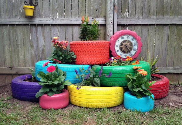 Painted Tire Planters. 