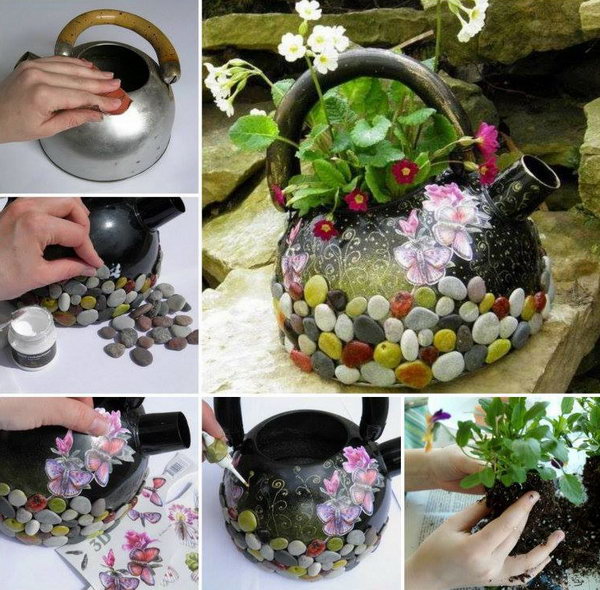 DIY Recycled Kettle Planter. See the tutorial 