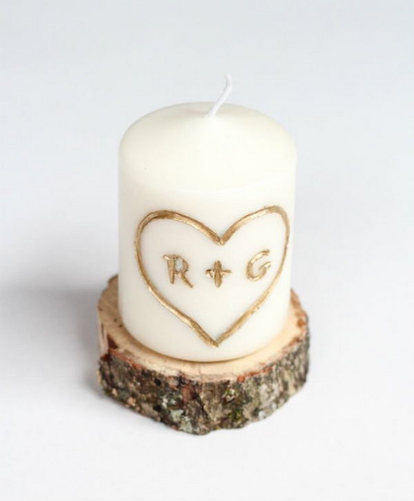 DIY Candle Carved with Initial and Heart 
