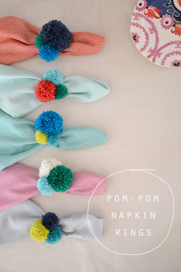 DIY Pom Pom Napkin Rings. See the steps 