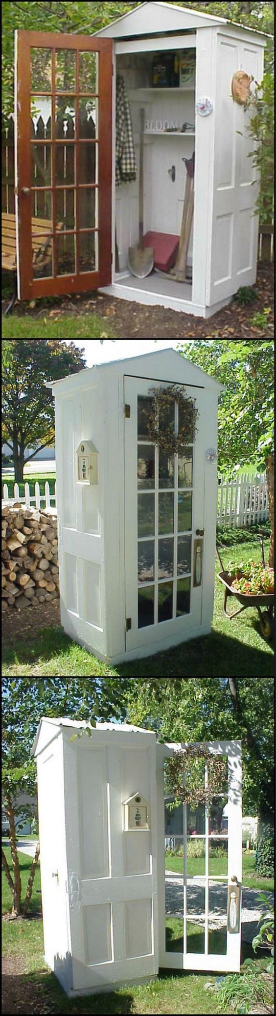 A Tool Shed Made from Repurposed Doors. See more details 