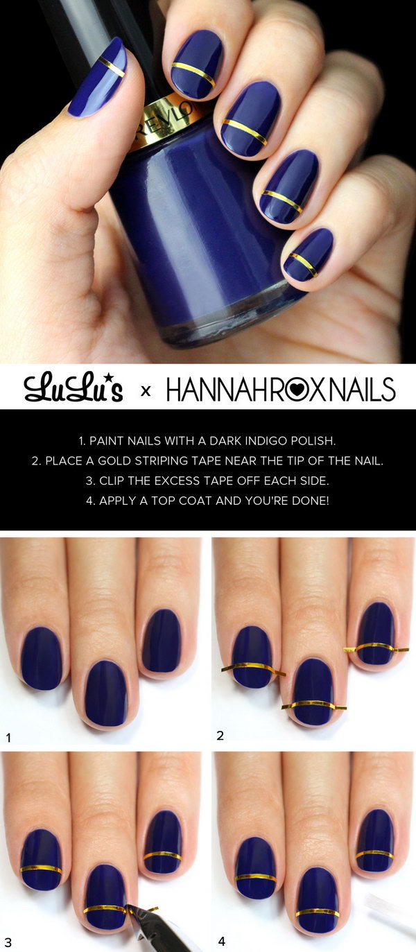 Indigo Blue and Gold Striped Nail. Such beautiful colors, cannot wait to try them! 