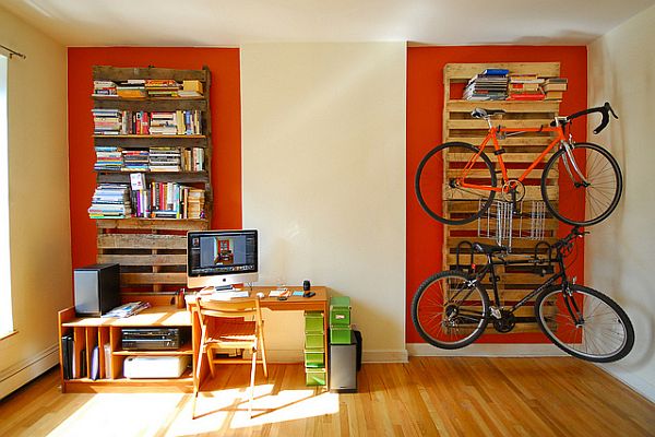 Pallet Bookshelf and Bike Rack. 