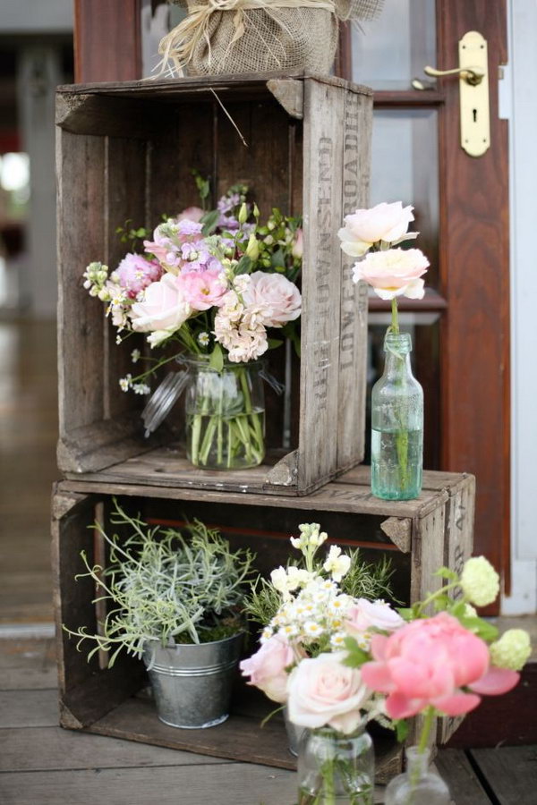 Rustic Boxes With Pink Flowers. 