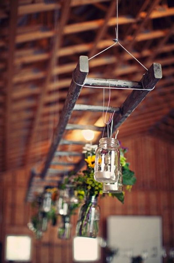 Hanging Ladder With Mason Jar Lights. 