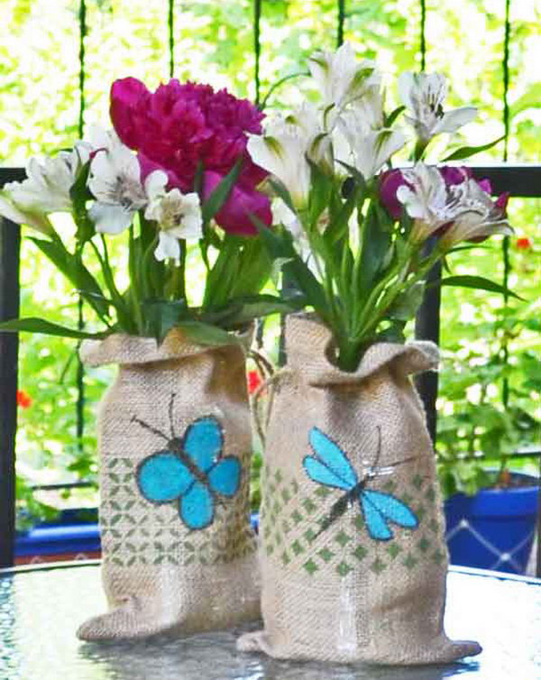 Stenciled Burlap Bags Vase Wraps 