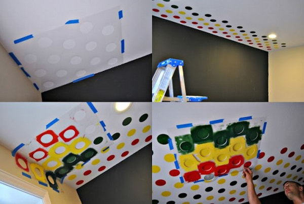 Stenciled Playroom using the Polka Dot Stencil on the Ceiling 