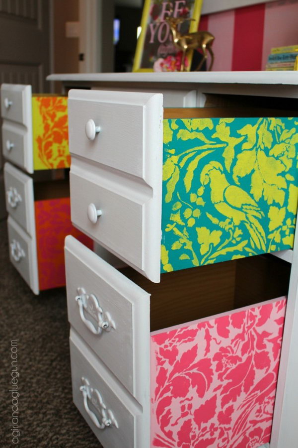 Thrifted Desk With Fun Stenciled Desk Drawers 