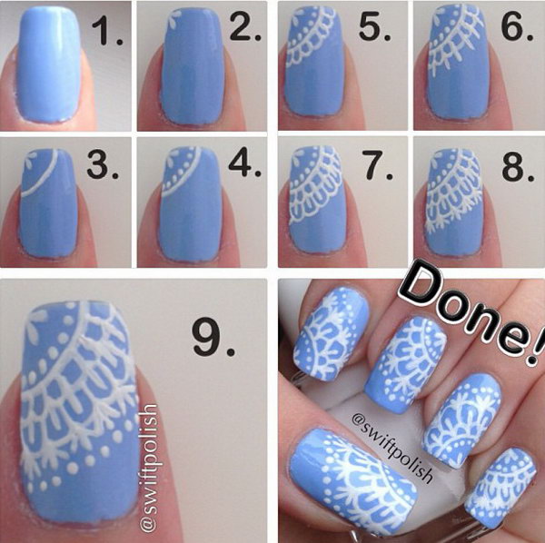 Feminine Light Blue Nails With White Snow Flakes. This is such a easy and fun mani! Must try. 