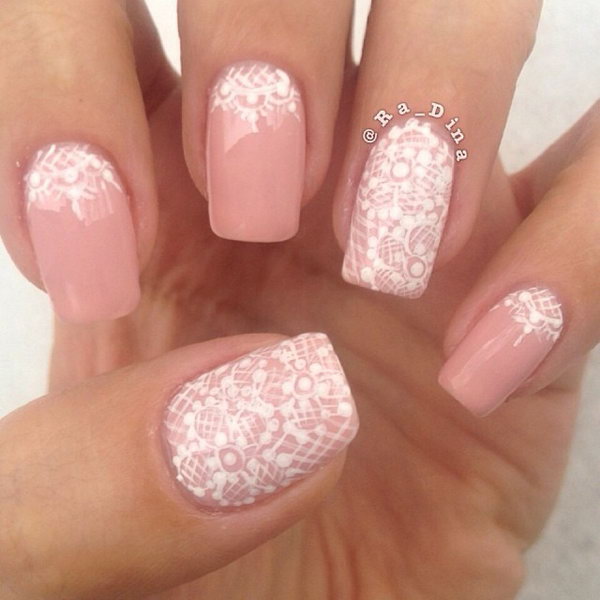 Pink Nail with White Lace. 