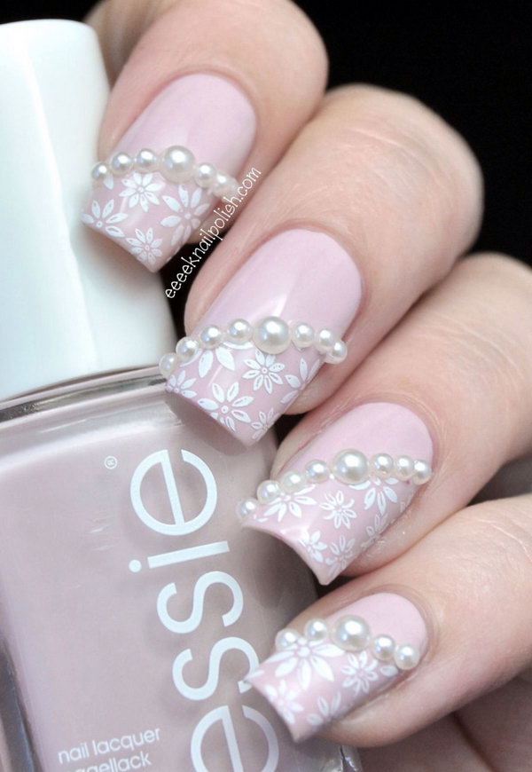 Pink Wedding Nails with Pearls. 