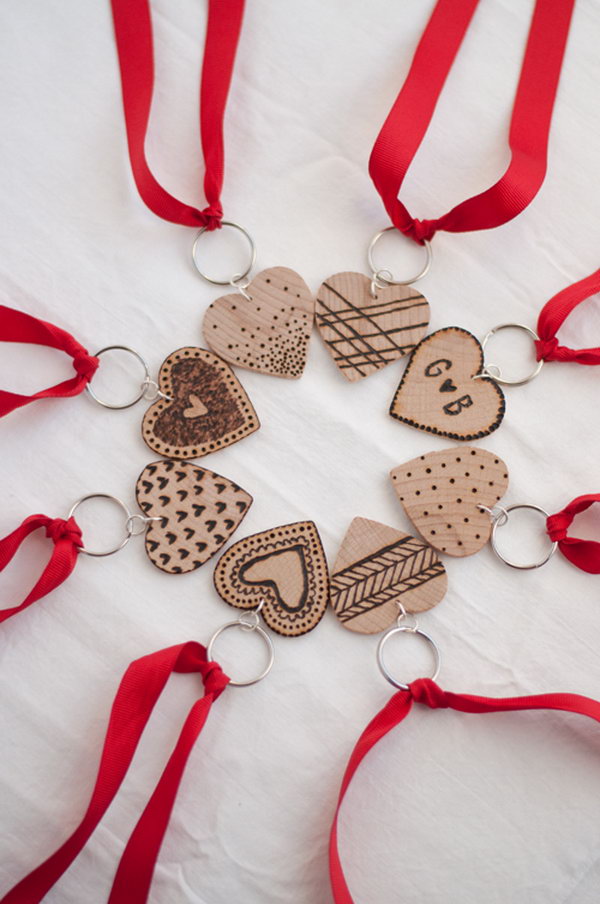 Etched Wooden Heart Key Chains 