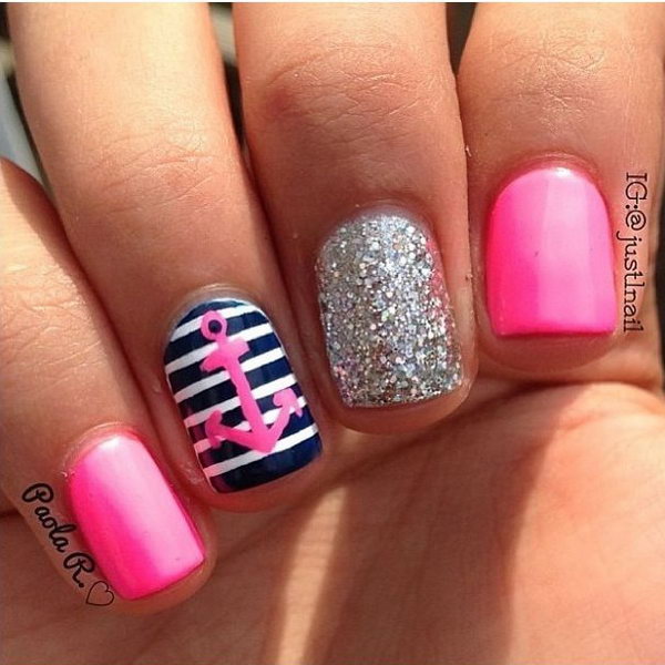 Hot Pink Anchor Nails with Glitter. 