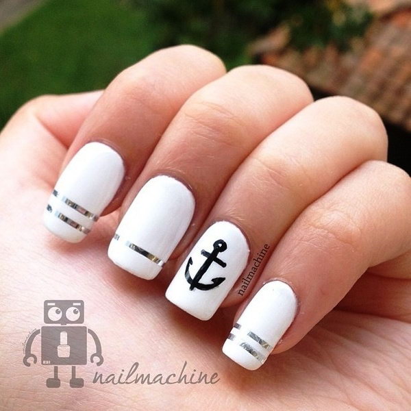 Black, White and Silver Nails Accented with an Anchor. 