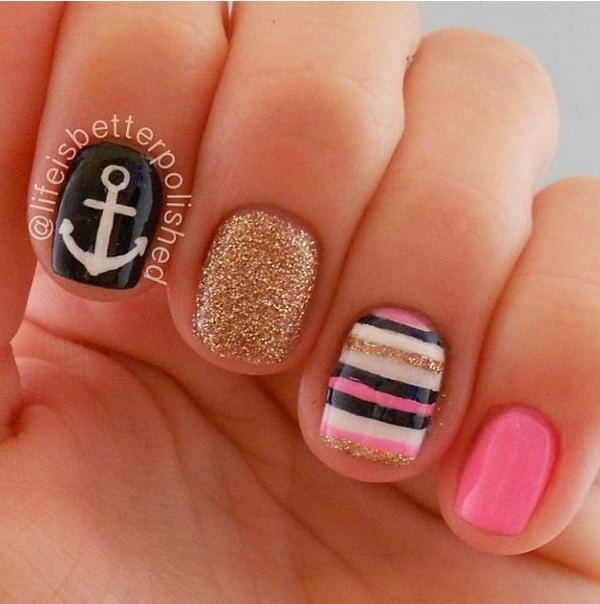 Glitter and Stripped Anchor Nails. 
