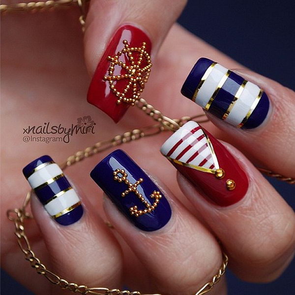 Meticulous Gold Beads Anchor and Wheel Manicure. 