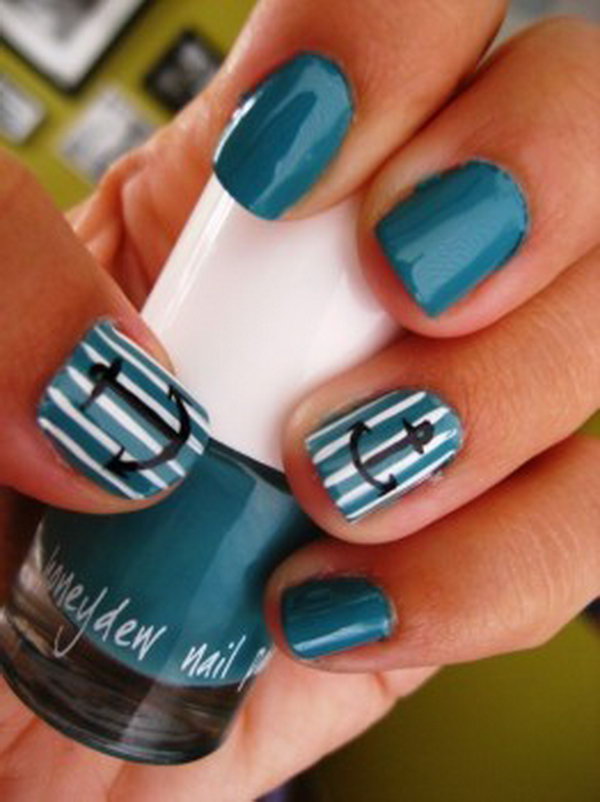 Deep Blue Nails with Anchors and Strips. 