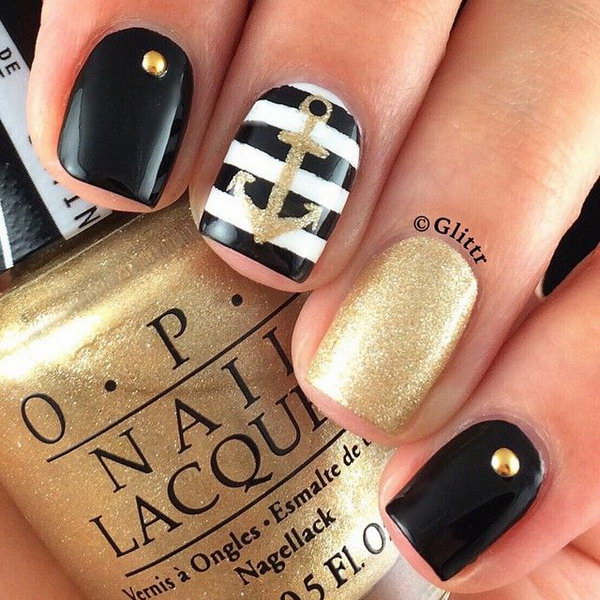 Black, White and Gold Anchor Manicure Design. 