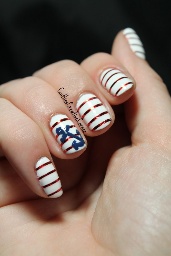 Red and White Stripes with an Anchor Accented Nails. See more details 