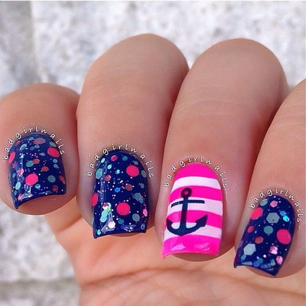 Nautical Anchor Nail Design with Pink Stripes. 