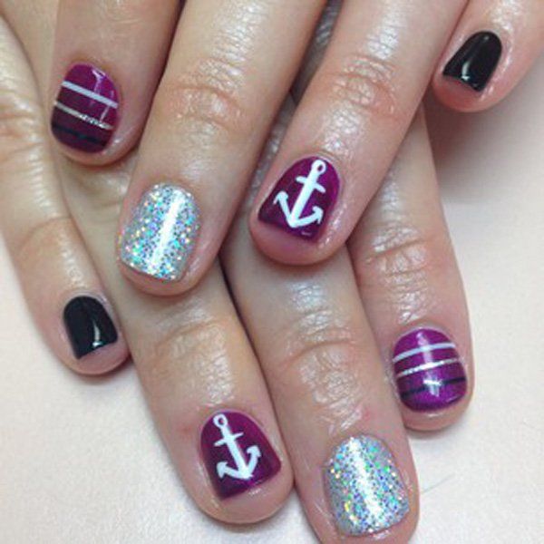 Purple and Glitter Nails with Anchors Accented. 