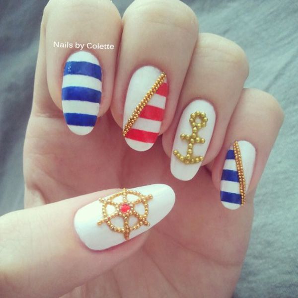 Gold Studded Anchor and Wheel Nautical Manicure. 