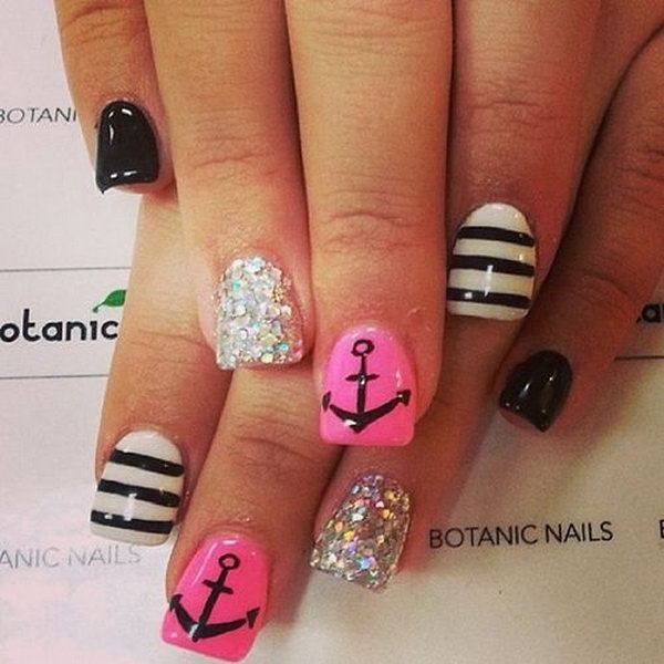 Pink and Black Nautical Nail Design Accented with Anchors. 