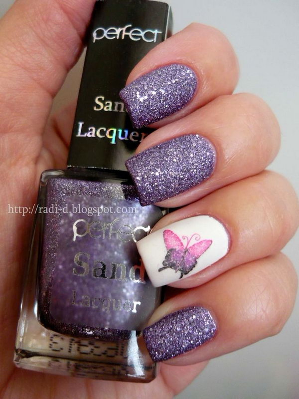 Purple Glitter and Butterfly Nails. 