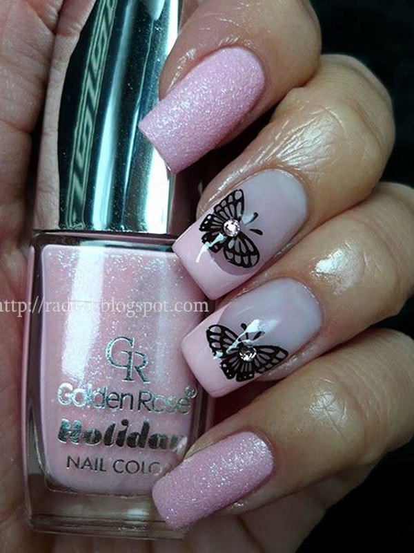 Pink Nails Accented with Black Butterflies. 