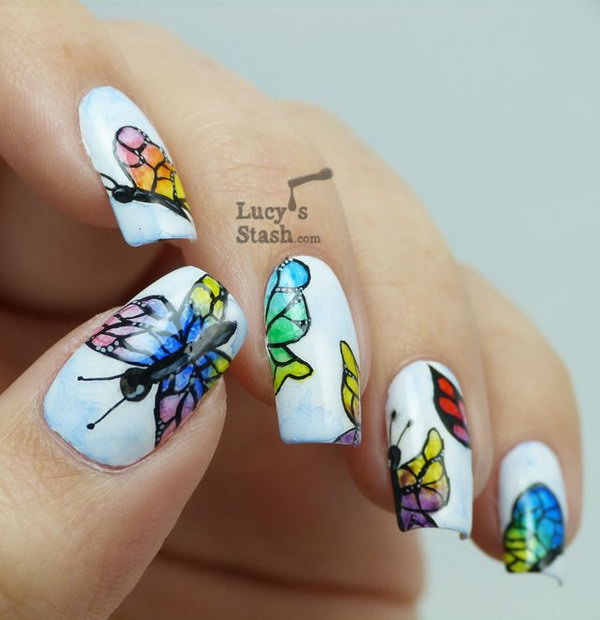 Watercolour Butterflies Nail Art. 