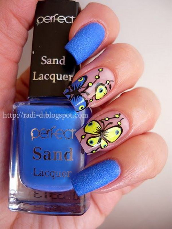 Blue and Yellow Neon  Butterfly Nails. 