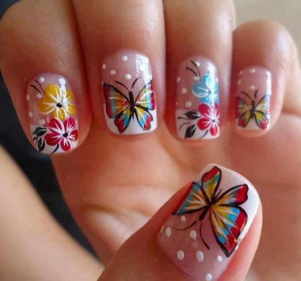 Beautiful Butterfly Nails with Flowers. 