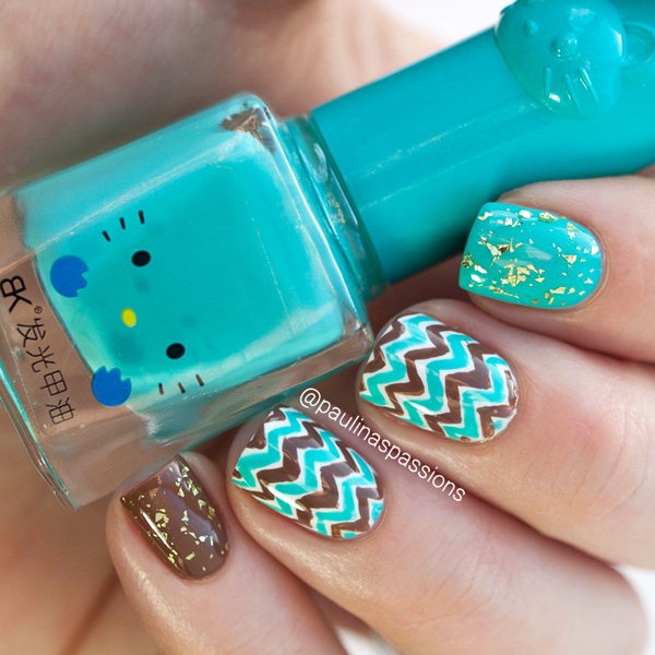 Brown & Turquoise Chevron Nails. Get the tutorial 