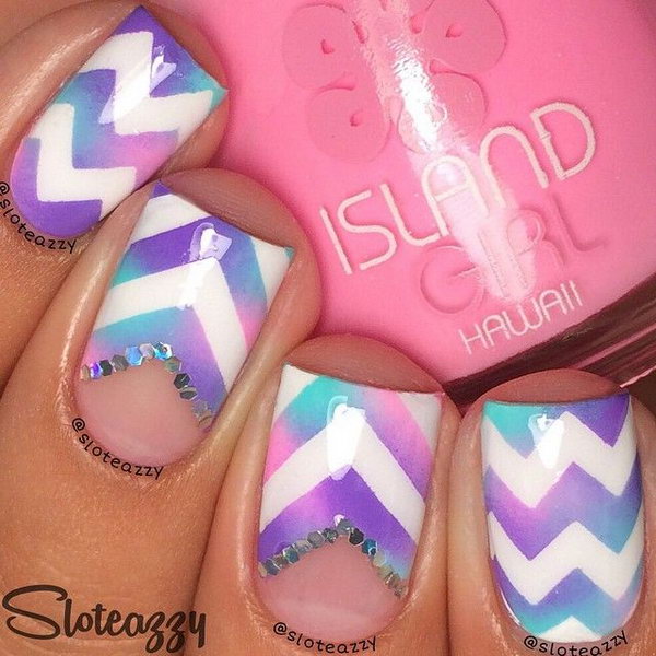 Purple and Pink Mixed Chevron Nails with a Bit of Gems. 