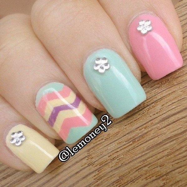Pastel Chevron with Gems Nails. 