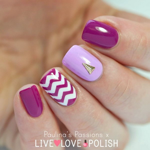 Purple and White Themed Chevron Nails. 
