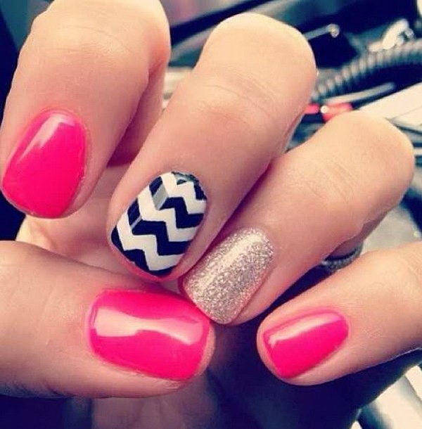 Pink and Glitter Chevron Nails. Get the tutorial 