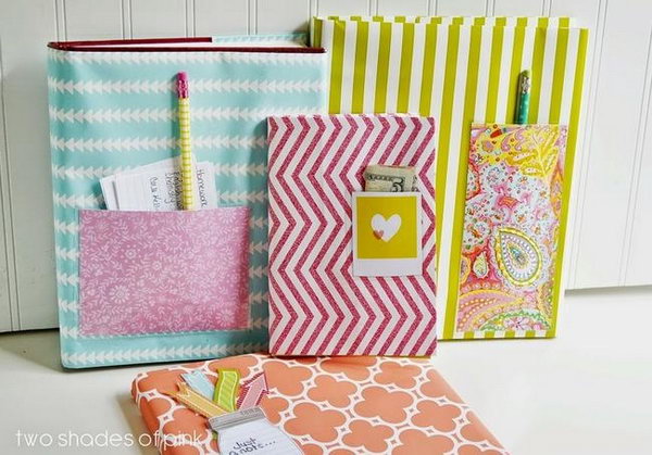 Wrapping Paper Book Cover. Wrapping paper is a great material to cover books with for its various patterns and colors. Looking at this adorable one, a laminated pocket is perfect for holding pencils and bookmarks. You can make one by yourself with the tutorial 