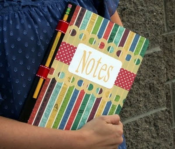 Colorful Strips and Pencil Keeper Notebooks. This striped notebook cover looks so cute and perfect for your back to school supplies.  This cover is where you will let your creativity shine. Get started to make one with the tutorial 