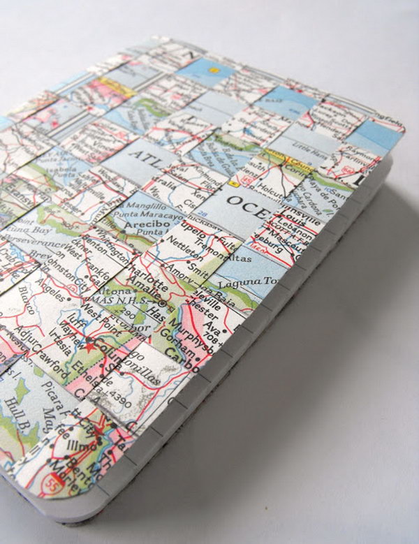 Vintage Maps and Woven Notebook Cover. You can use vintage maps and double sided tape to make this cool notebook cover.  Get the detailed instructions 