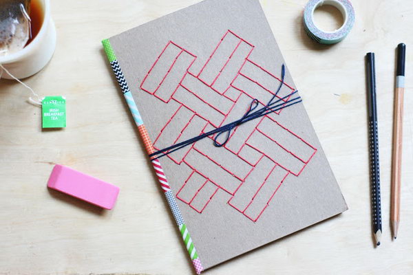 Embroidered Paper Journal. A bit of washi tape down the spine and some cool geometric patterns on the cover will add more personalization to your covers. Learn lots of tutorials 
