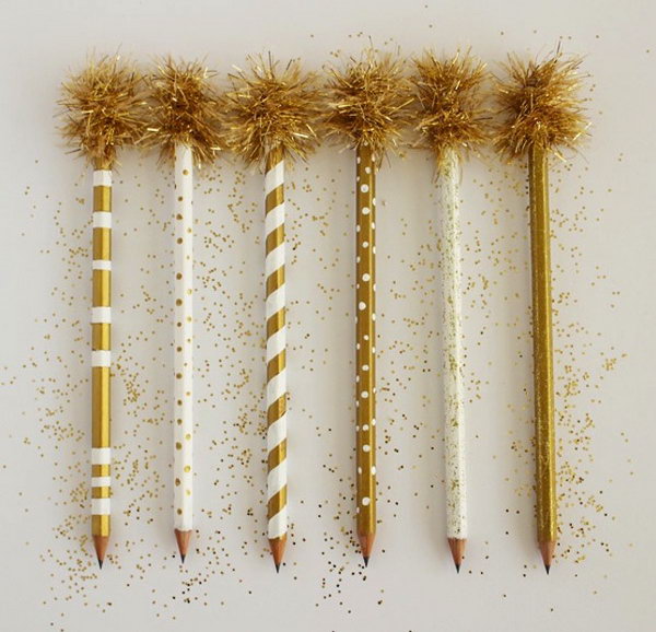 Gold Trim Pencils. Gold is so gorgeous. These ridiculously gold pencils are not only perfect for back to school but also for being used as swizzle sticks at festive party. See how to make them 