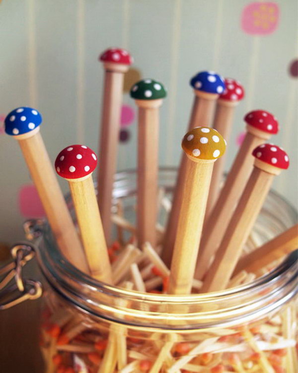 Toadstool Pencils. This toadstool pencil is an easy cheap and fun craftto make. A set of these would make for such a nice gift to yourself or someone else who loves to write, doodle, or draw. See the tutorial 