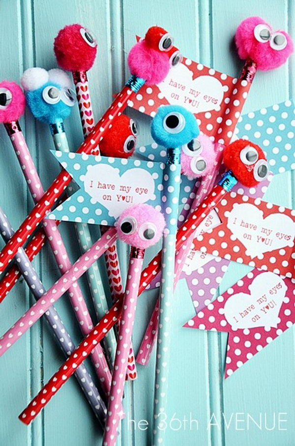 Free Printable Valentine Monster Pencils. These adorable Valentine monster pencils are so quick and easy to make. Pom poms, faux eyes and some pencils are all you need.  Get the detailed instructions 