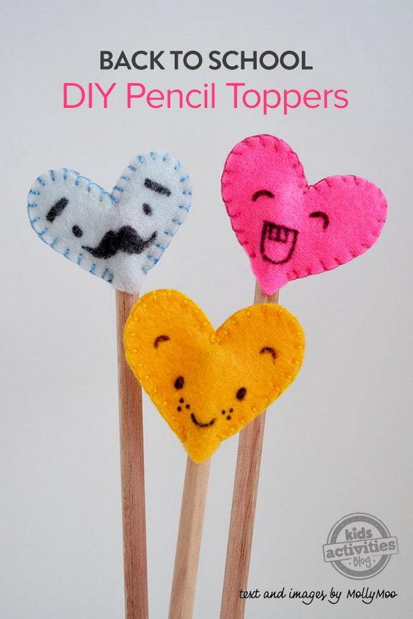 DIY Felt Heart Pencil Toppers. This one is a super fun and easy craft to make. All you need is some scraps of felt, some embroidery thread and a needle and a thin black permanent marker. Get the detailed directions 