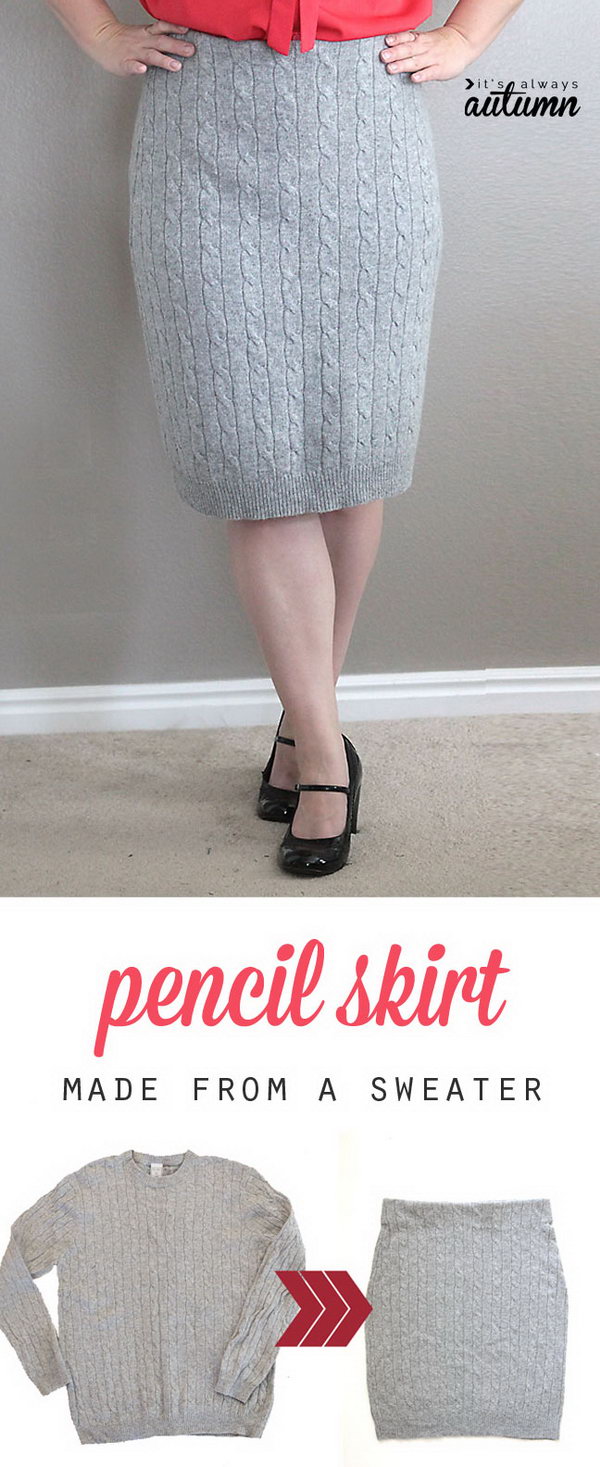 DIY Cable Knit Pencil Skirt Made from a Sweater. Get the steps 