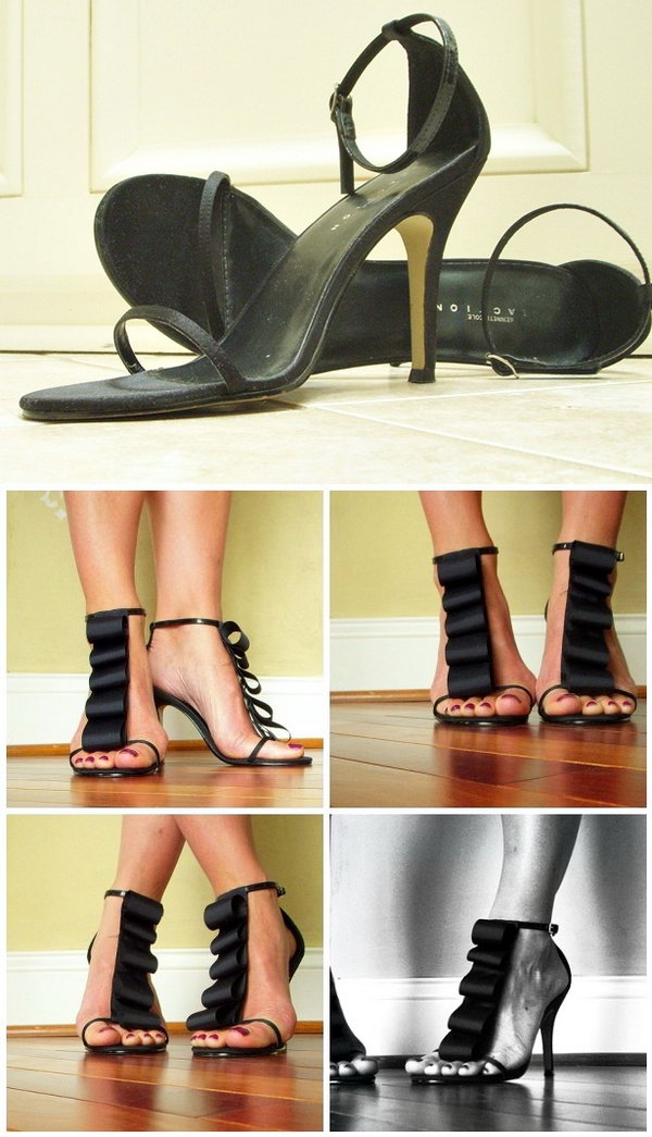 DIY Ruffled Styling Black Heels. Plain black heels get a fashionable look with an easy change.  See the directions 