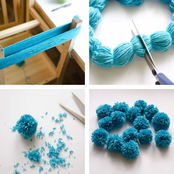 The Easiest Ever Yarn Pom poms DIY Tutorial. Fluffy pom poms are so cute, and we can make them into almost everything such as blankets, scarves, chandelier, toy animals and more. Here is the easiest way I found for you to make your own pom poms at home. Tutorial via 