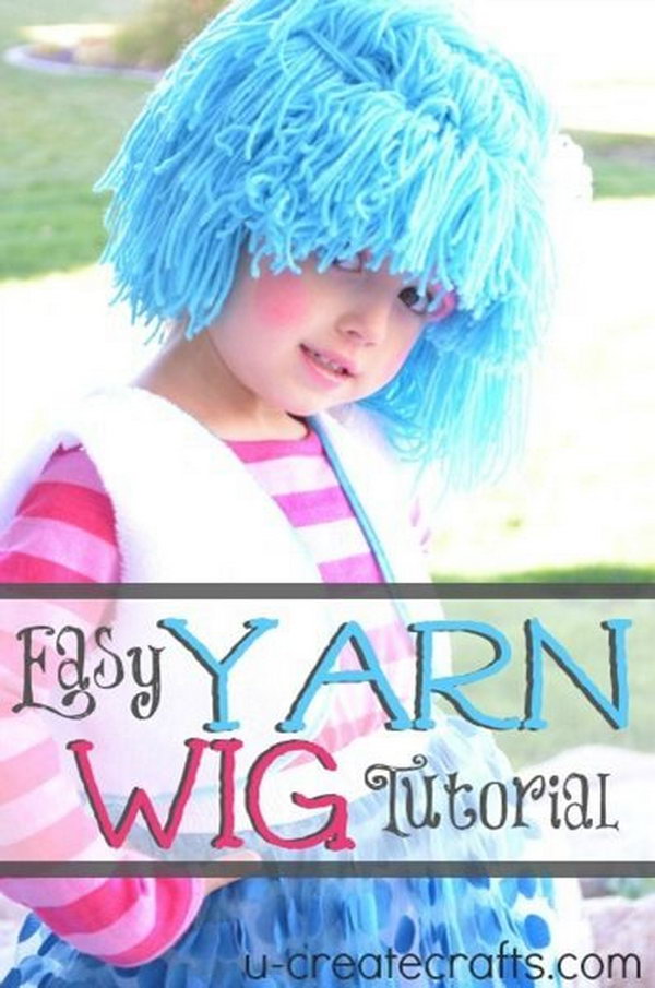 DIY Yarn Wig for Costume. Make this cute yarn wig for your daughter's Halloween costume with a knit beanie and yarn. Tutorial via 